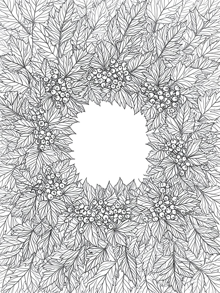 A black and white line drawing of a circular wreath made from detailed leaves and berry clusters with an empty center.