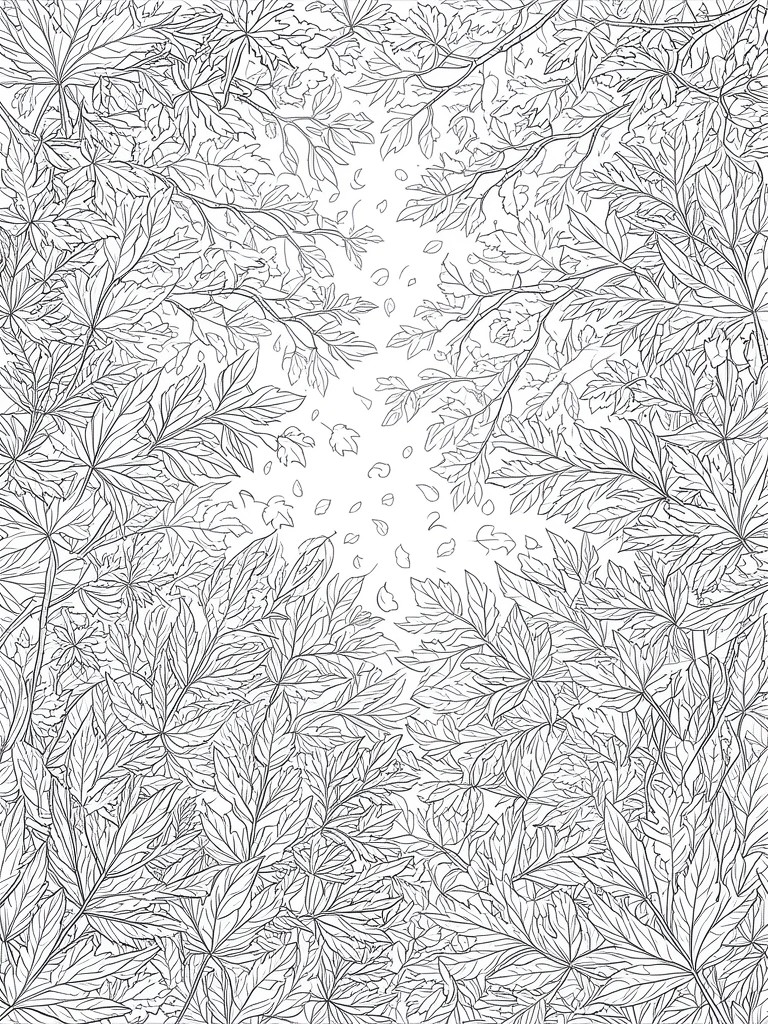 Intricate black and white line art of dense overlapping leaves and branches with central gap