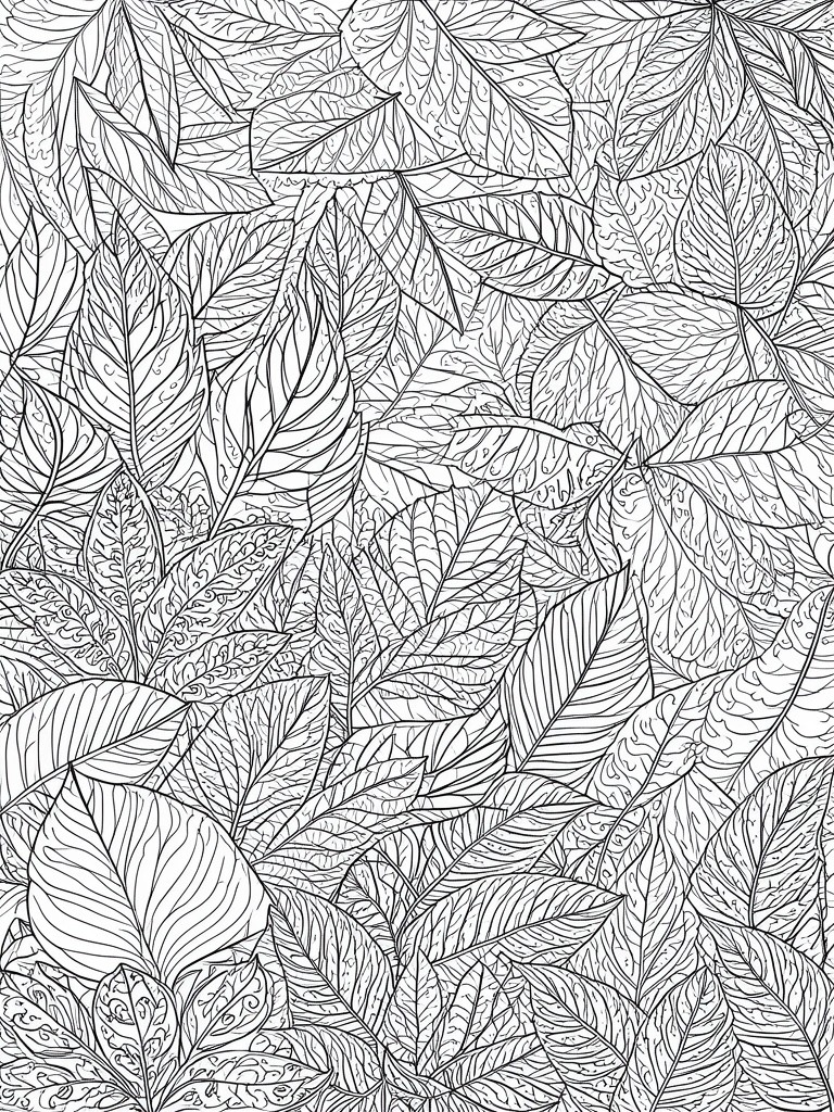 Monochrome line drawing of densely overlapping leaves with varied vein patterns