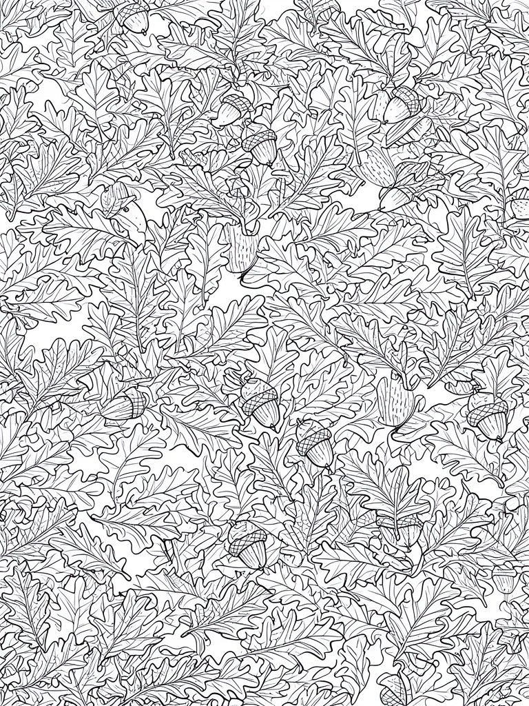 Black and white line art pattern of oak leaves and acorns