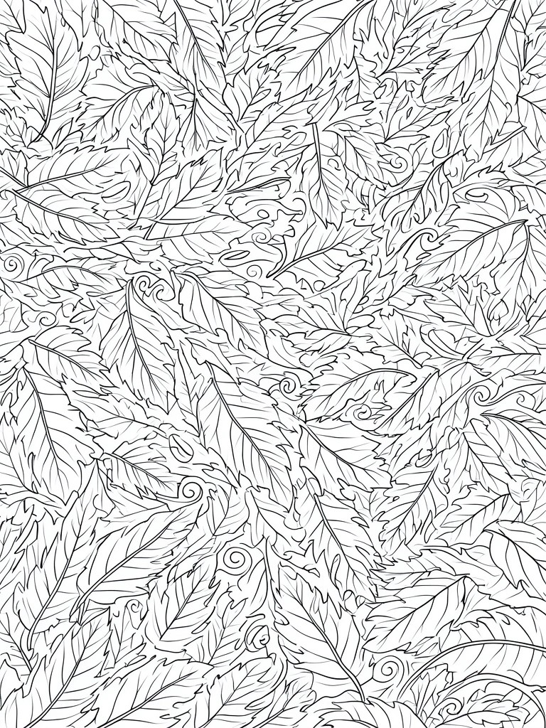 A black and white coloring page filled with numerous overlapping autumn leaves of various shapes and sizes, showing detailed veins and swirling edges.