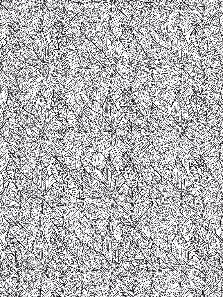 A black and white coloring page filled with many overlapping autumn leaves that contain fine internal patterns and textures.