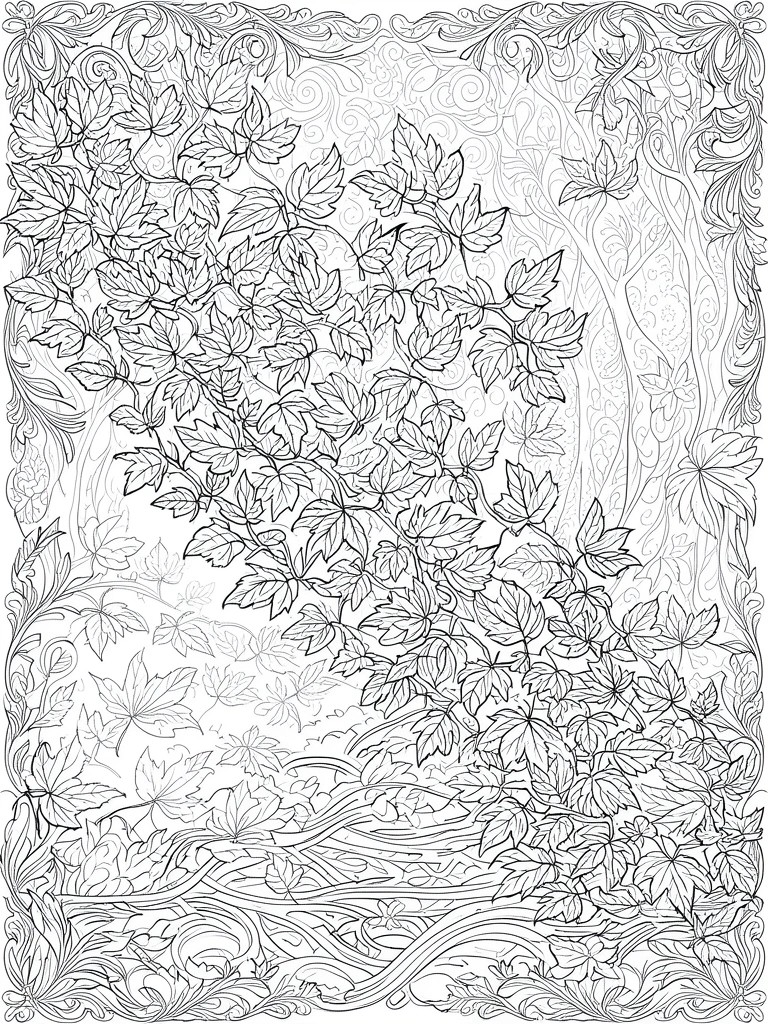 Detailed black and white line art of leafy forest with ornate swirls.