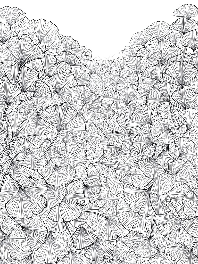 Detailed black and white line drawing of densely overlapping ginkgo leaves with swirls.