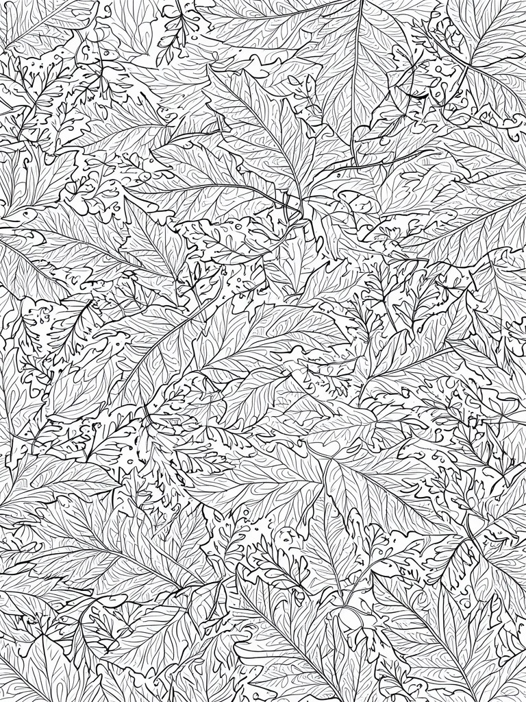 A black and white coloring page filled with overlapping drawings of many different autumn leaves showing detailed veins and edges.