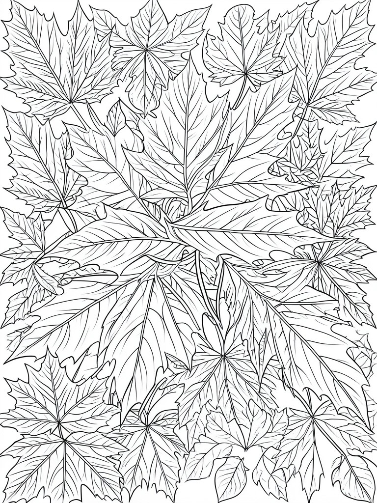 Black and white line drawing of densely overlapping maple leaves.