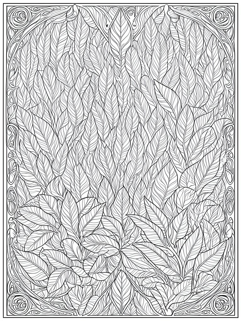Intricate black and white line drawing of dense overlapping leaves with ornate borders