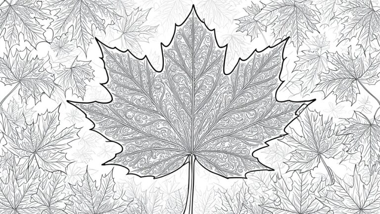 22 Elegant Autumn Leaves Coloring Pages for Adults Using Detailed Foliage Designs A coloring page with a large central maple leaf filled with intricate swirls, surrounded by many smaller maple leaves in the background.