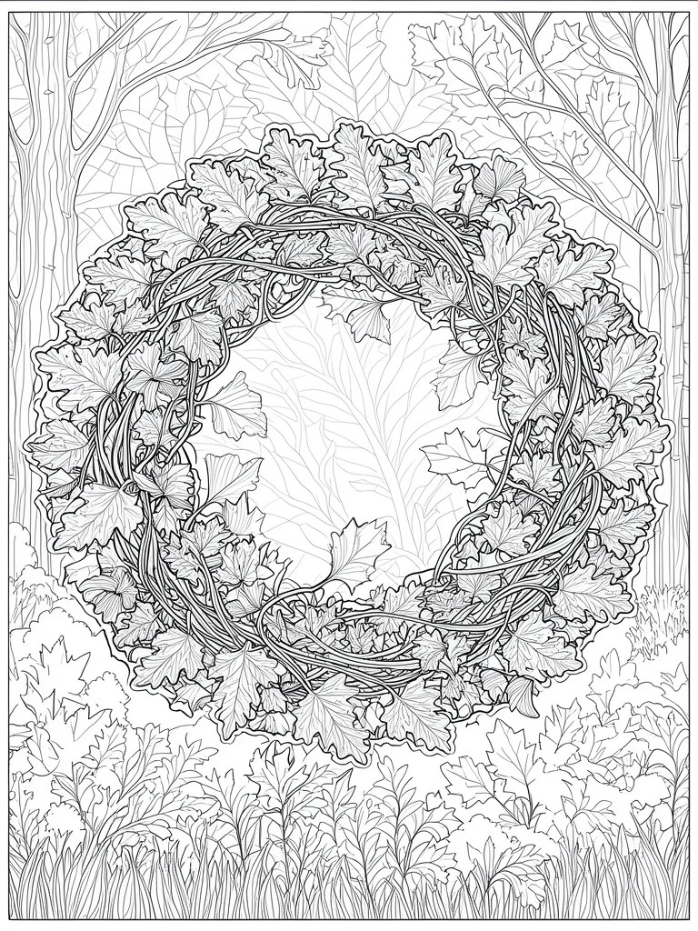 Intricate black-and-white line art of a leafy vine wreath in a forest.