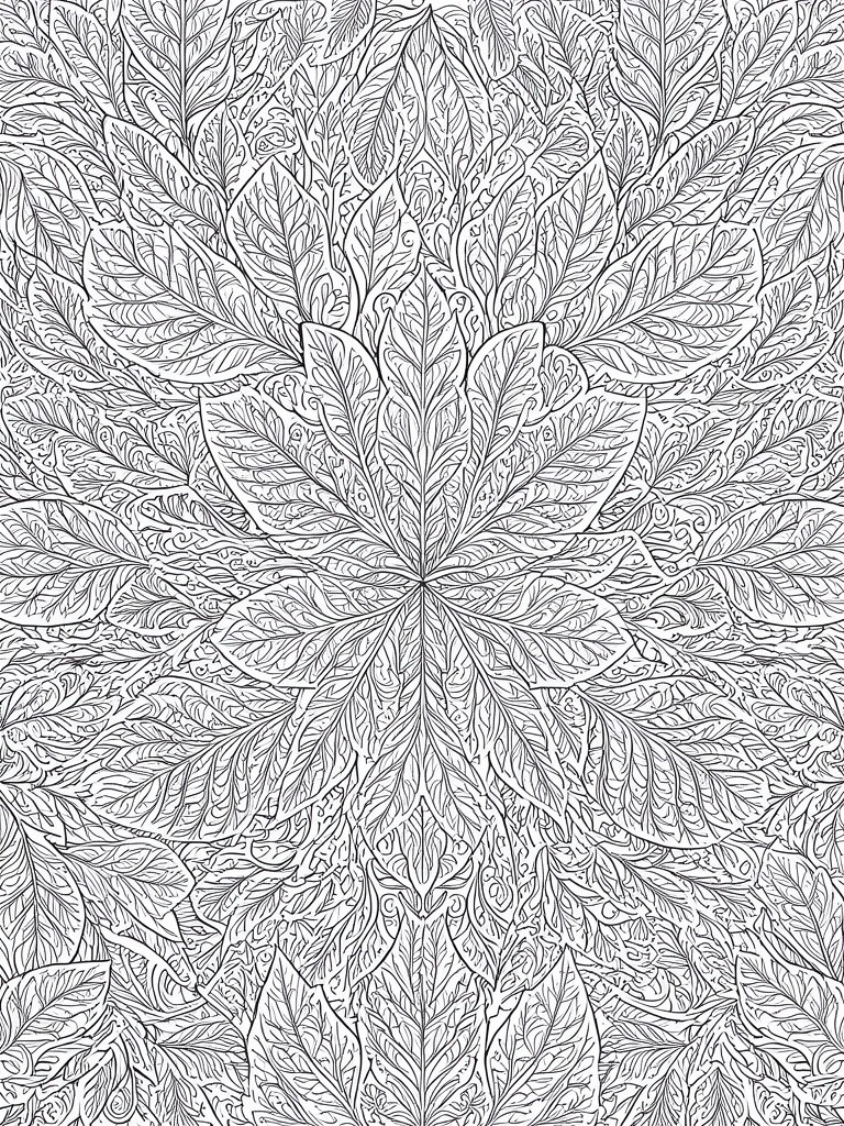 Intricate symmetrical mandala of overlapping leaves in black and white line art.