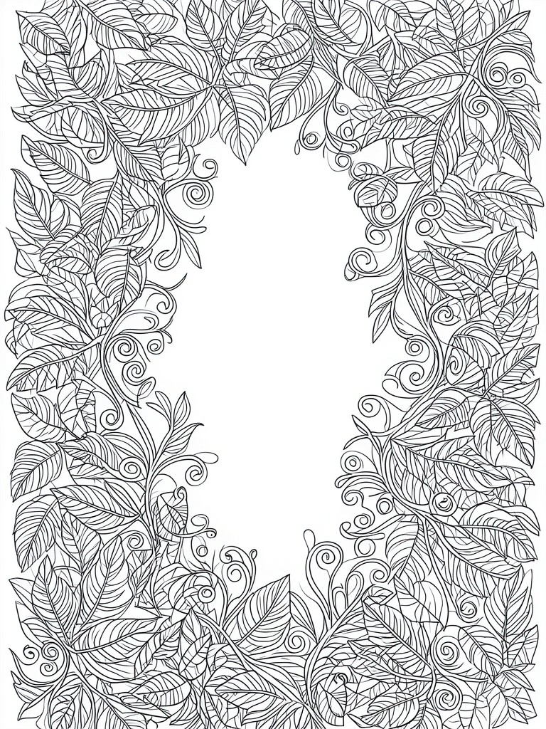Intricate black and white line art of swirling leaves and vines forming a border.