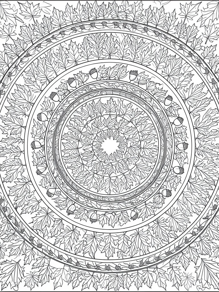 Black-and-white mandala with concentric circles of maple leaves and acorns