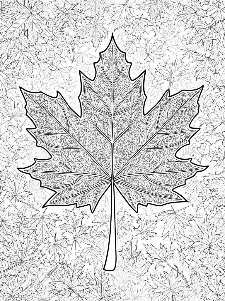 A coloring page with a large central maple leaf filled with intricate swirls, surrounded by many smaller maple leaves in the background.