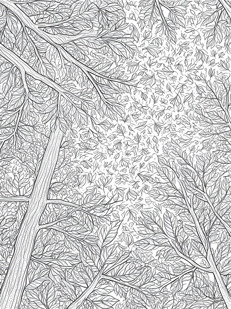 Intricate black and white line drawing of dense forest canopy viewed from below.