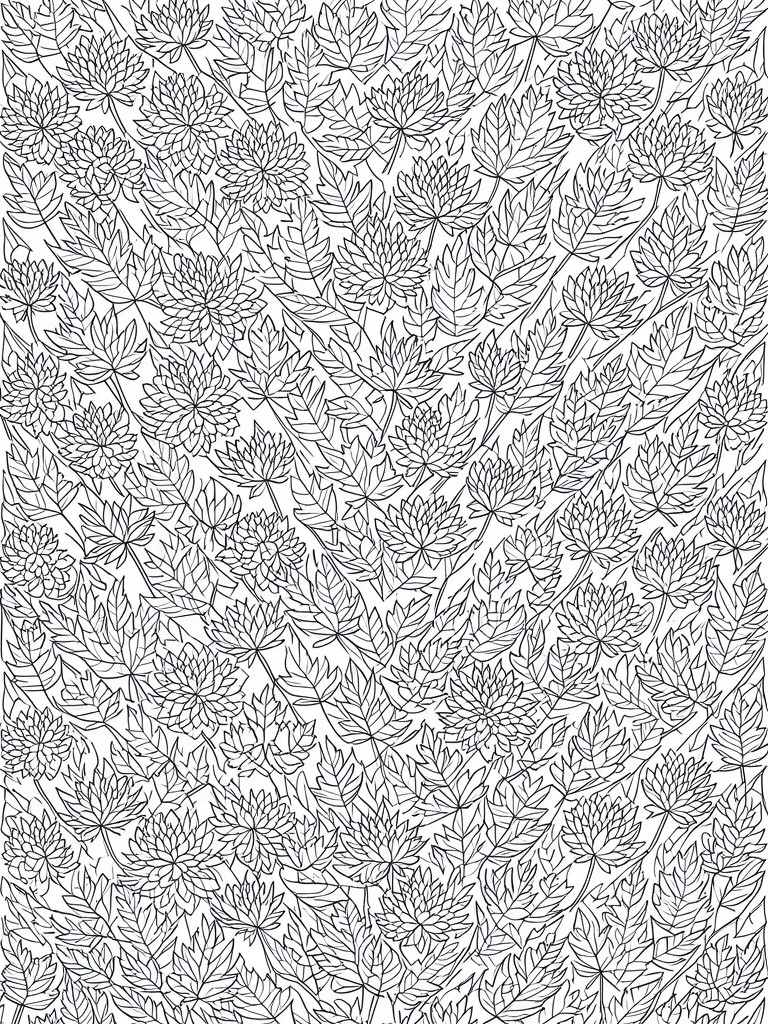 Dense black-and-white line art of overlapping leaves and chrysanthemum flowers in repeating pattern.