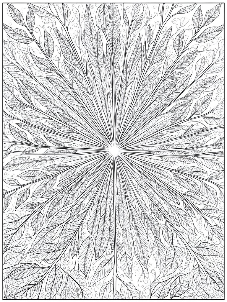 Detailed black-and-white line art of leaves radiating from a central sunburst.