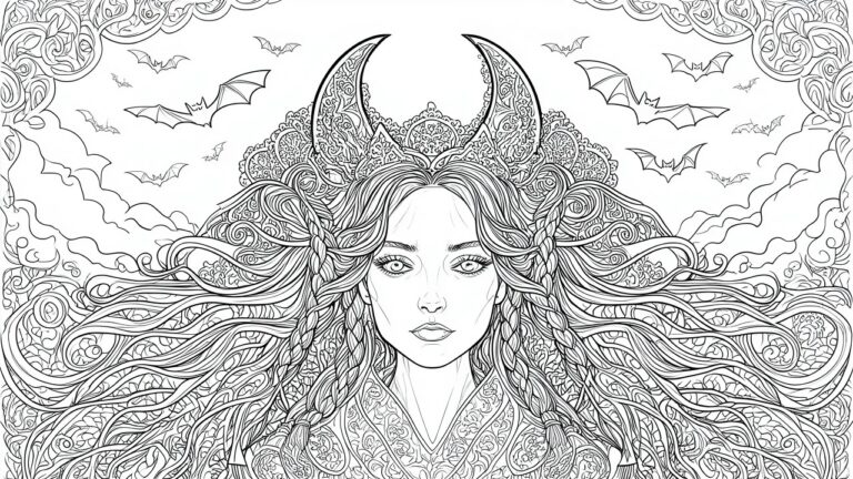 Crowned woman with long braids beneath crescent moon amid flying bats and clouds