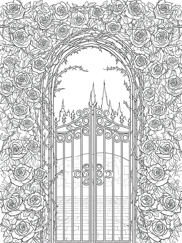 A detailed line art coloring page of a rose-covered gothic archway with an ornate gate and castle towers visible beyond it.