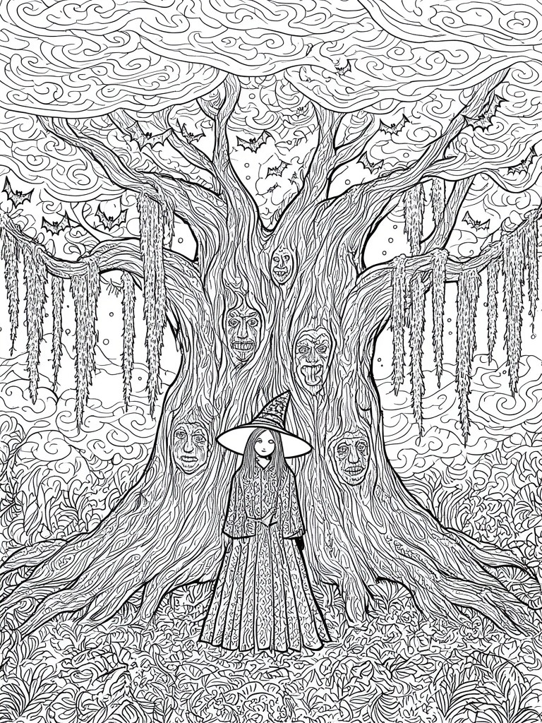 Witch girl in hat and gown before twisted tree with carved faces and bats
