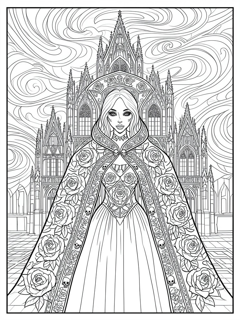 Gothic woman in rose-and-skull cloak before cathedral under swirling skies