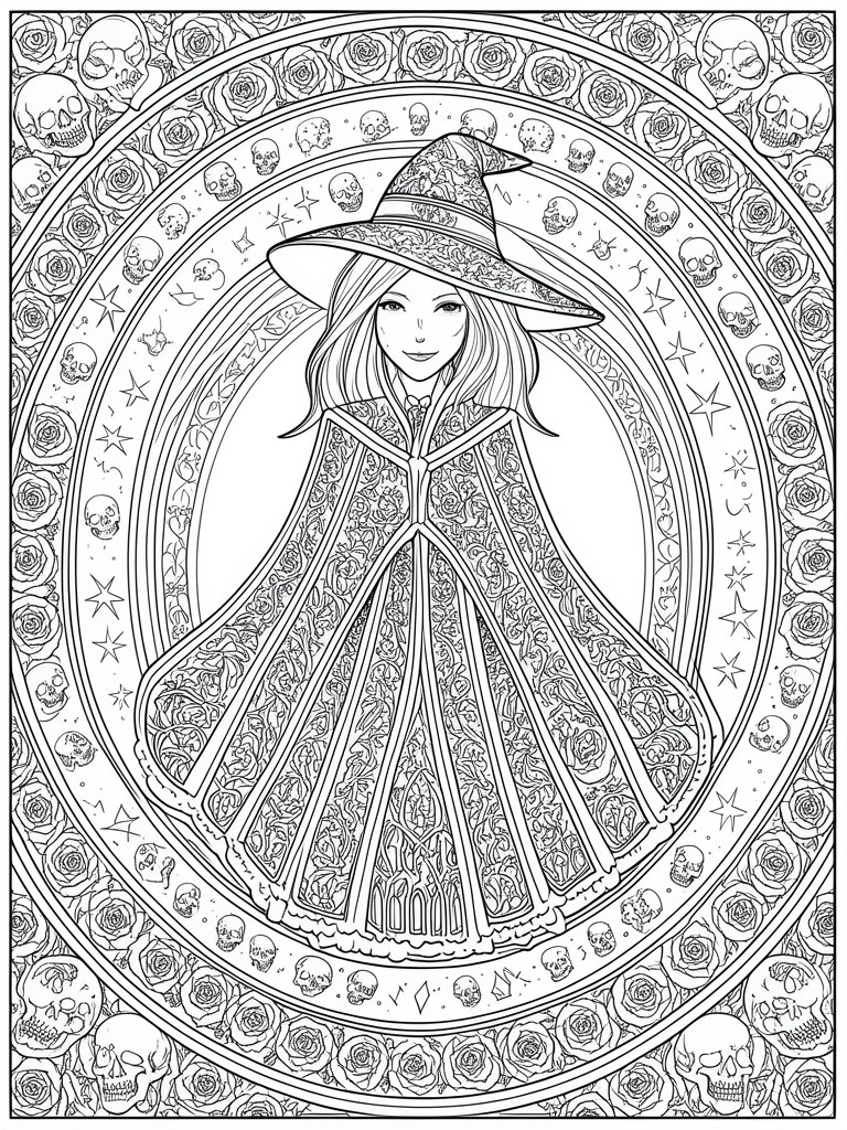 Coloring page of a witch in ornate floral cloak amid skulls, stars, and roses