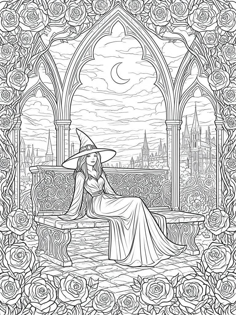 A black and white line drawing of a witch in a pointed hat sitting on a bench inside a gothic arched balcony surrounded by roses with a cityscape and crescent moon in the background.