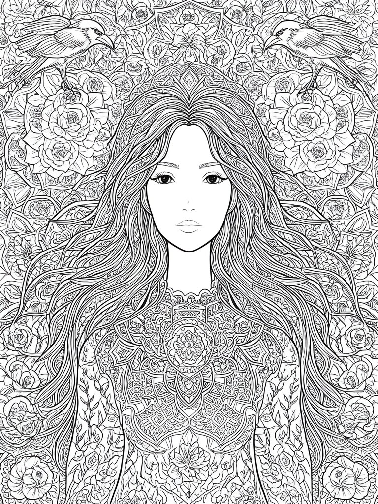 Intricate black-and-white line art of a woman amid floral mandalas and perched birds.