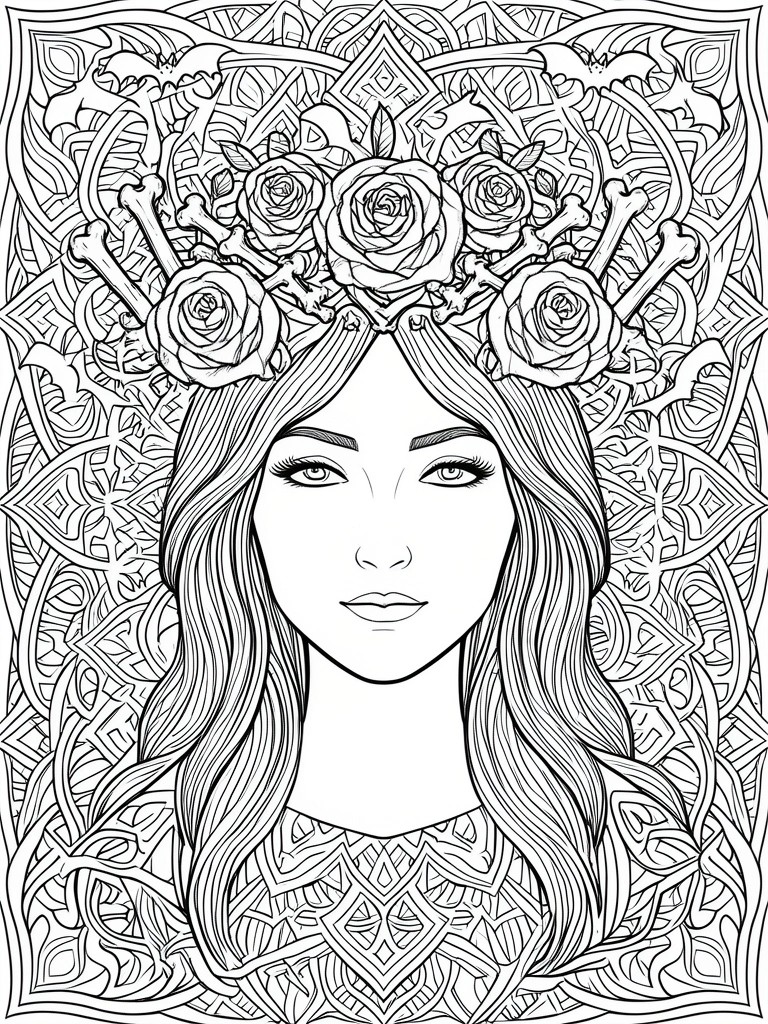 A black and white line drawing of a woman's face with long hair, wearing a crown of roses and bones, against an intricate mandala background with bats.