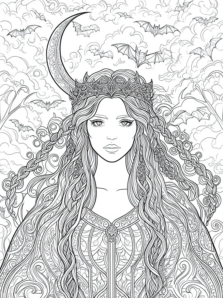 Crowned woman with long braids beneath crescent moon amid flying bats and clouds