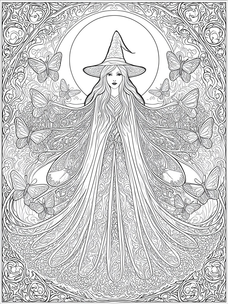 Ornate black-and-white drawing of a witch with flowing hair amid butterflies under a full moon