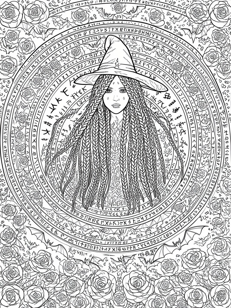 A black and white coloring page of a witch with long braids inside rune circles bordered by roses and bats.
