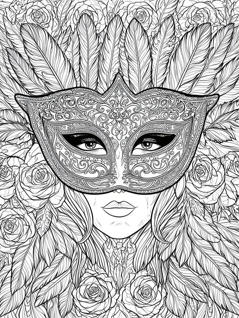 A black and white line drawing of a woman's face wearing an elaborate decorative mask surrounded by roses and feathers.