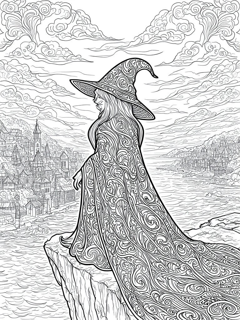 Detailed line art of ornate witch on cliff overlooking coastal town with swirling cloak