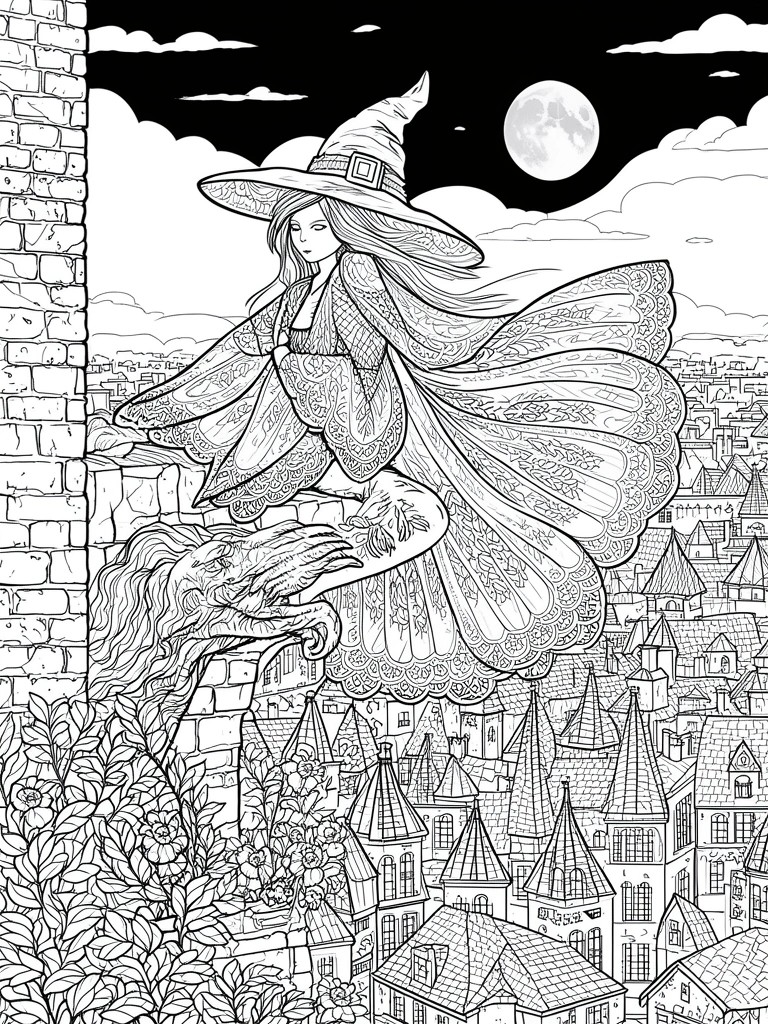 Witch in flowing patterned cape and hat flies on broomstick over moonlit city from tower