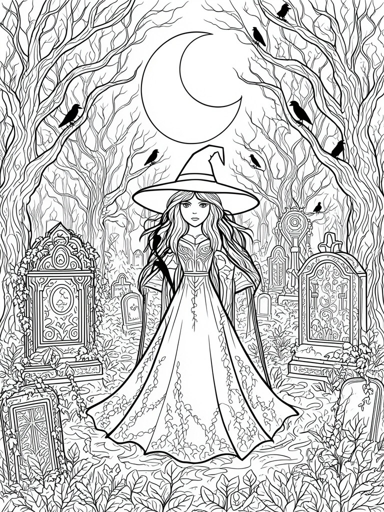 A line drawing of a witch in a long patterned dress and wide hat standing in a graveyard with tombstones, bare trees, crows, and a crescent moon overhead.