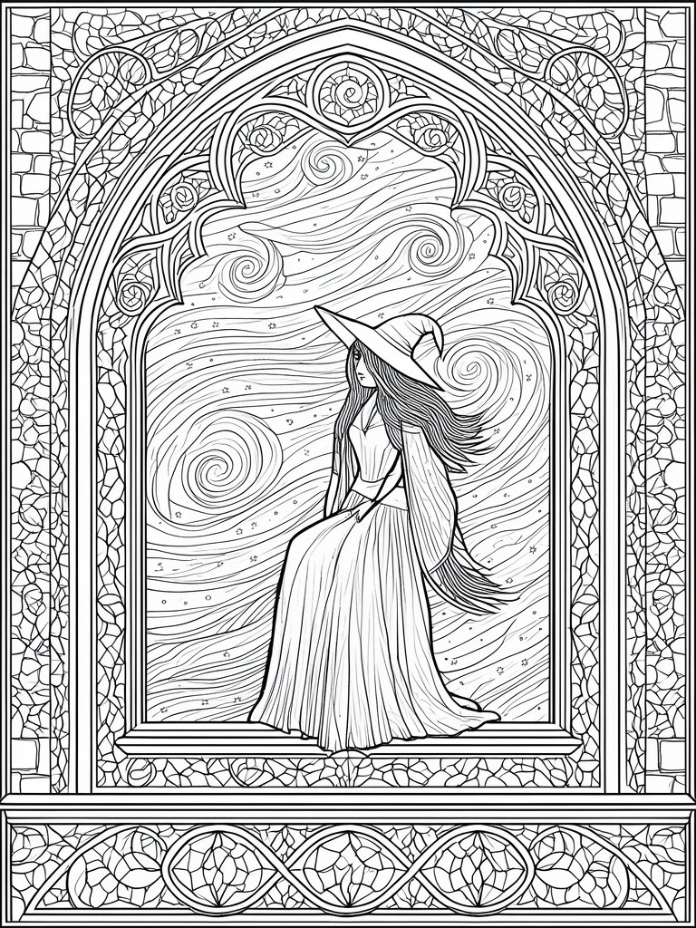 A black and white line drawing of a witch in a pointed hat seated inside an ornate gothic arch with swirling patterns and stars in the background.