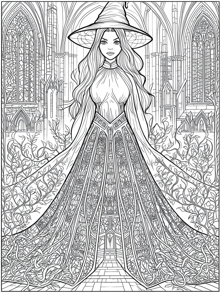 Detailed black-and-white line art of a witch in ornate gown amid gothic arches and vines