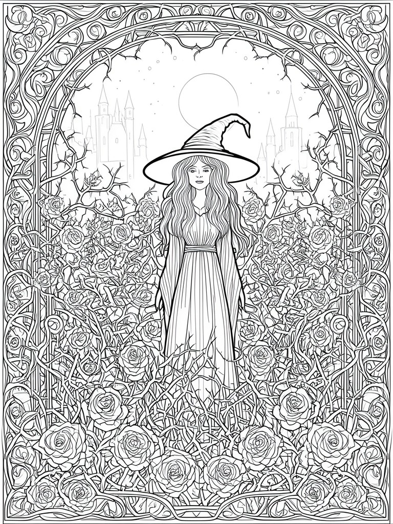 A black and white line drawing of a witch in a hat standing in a rose garden with thorns, a castle and moon behind her, all inside an ornate frame.