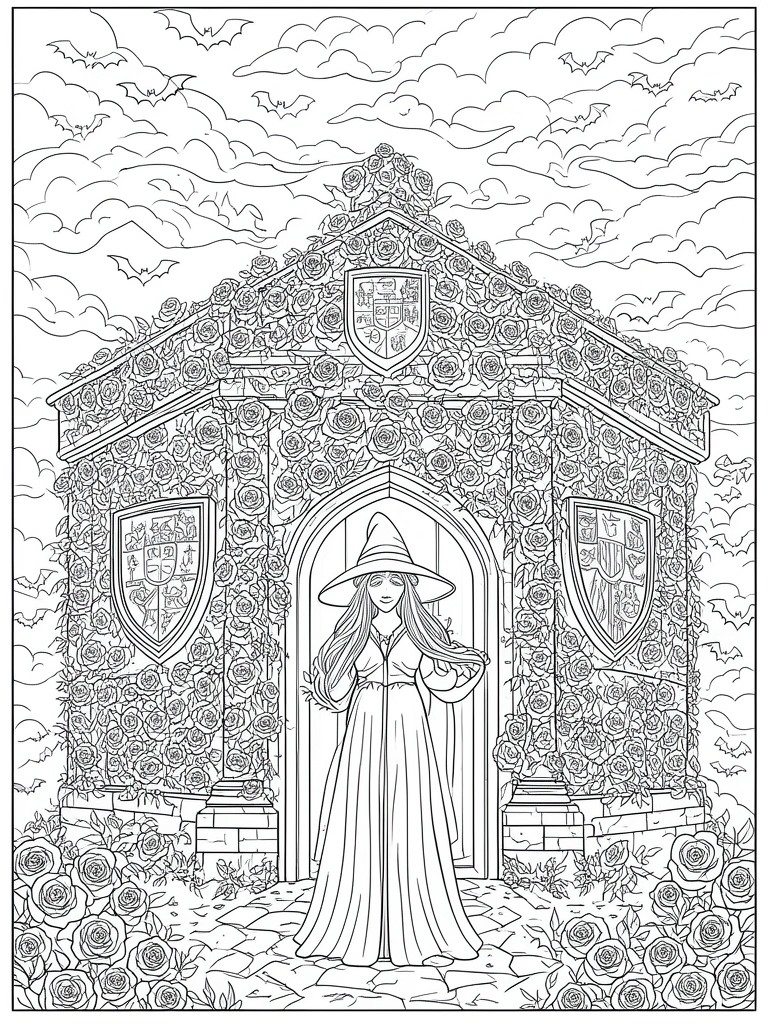 Witch in pointed hat and gown at rose-covered building with bats and shields.