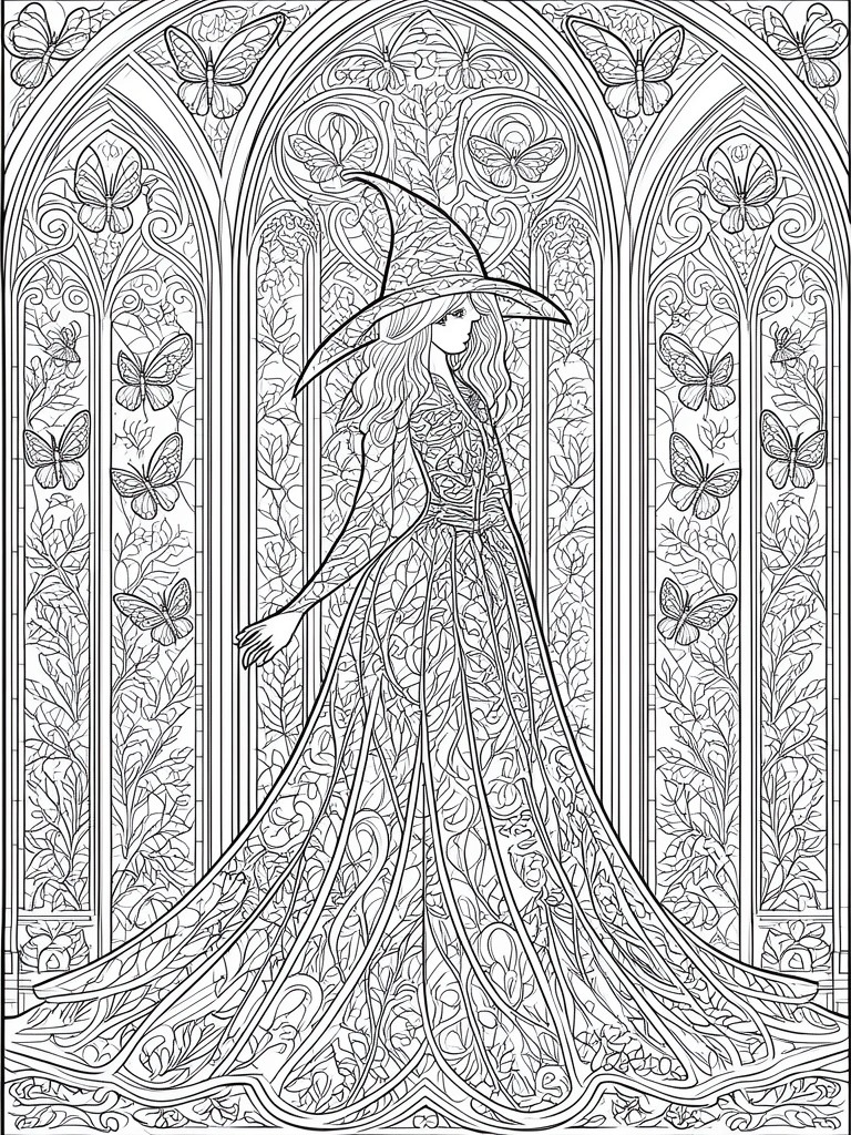 A black and white line drawing of a witch in a pointed hat and floral dress standing between three gothic arched windows filled with butterflies and vines.