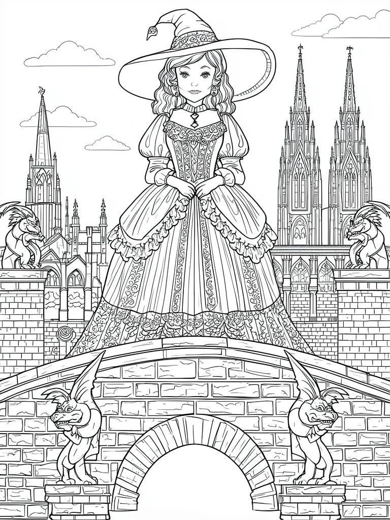 Witch in ornate gown and hat stands on bridge between gargoyles near gothic spires