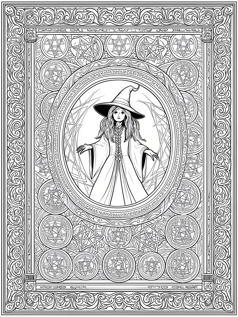 Young witch in pointed hat with arms outstretched amid circular hexagrams and ornate borders