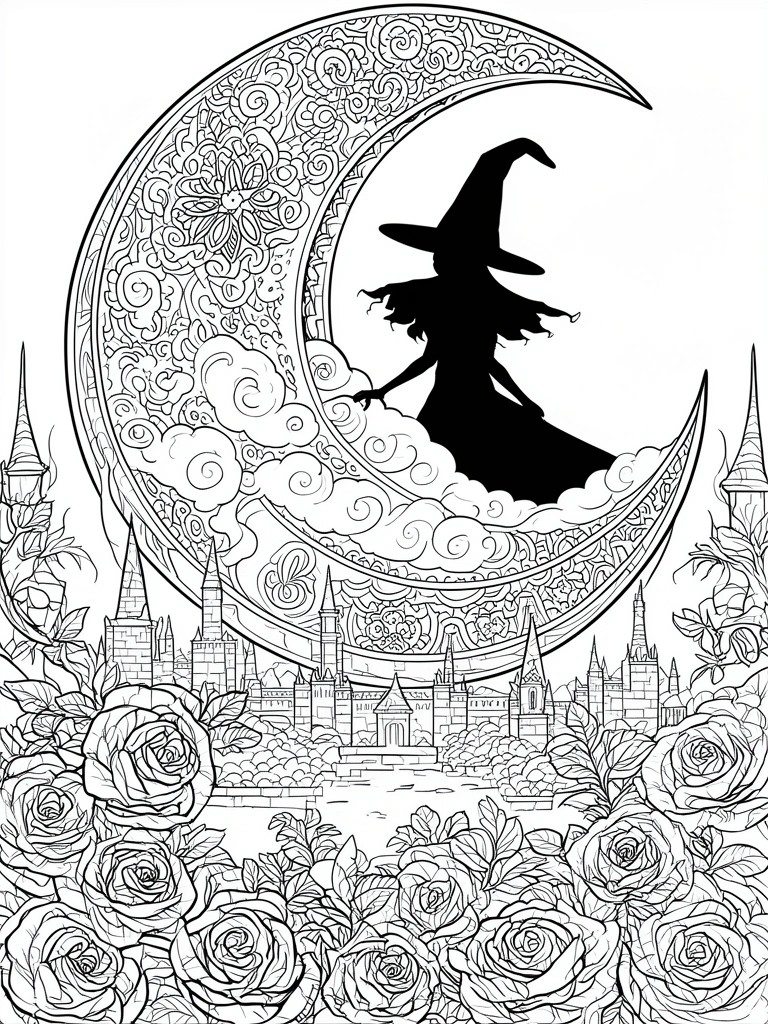 A black and white coloring page of a witch silhouette on a crescent moon with intricate patterns, a castle in the middle ground, and roses along the bottom.