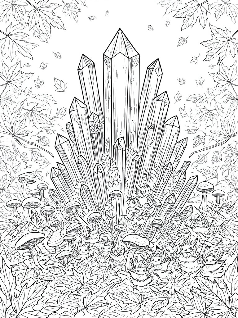 Line drawing of crystals amid mushrooms, leaves, and cute fantasy creatures.