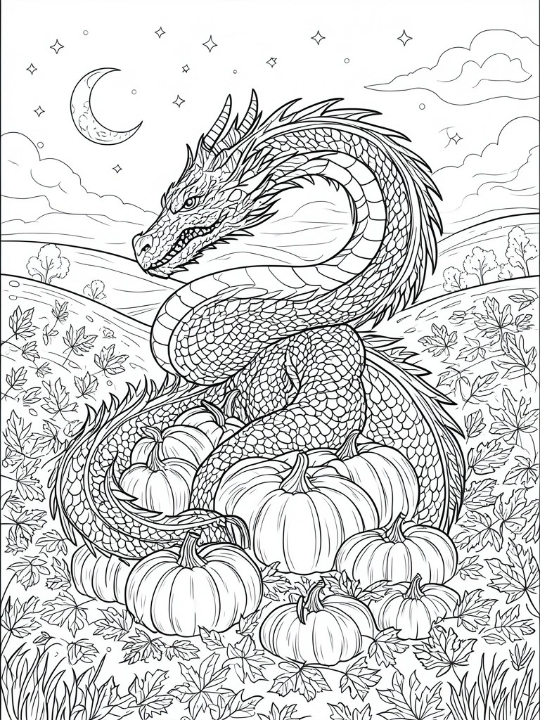 Black and white line art of dragon coiled among pumpkins under crescent moon.