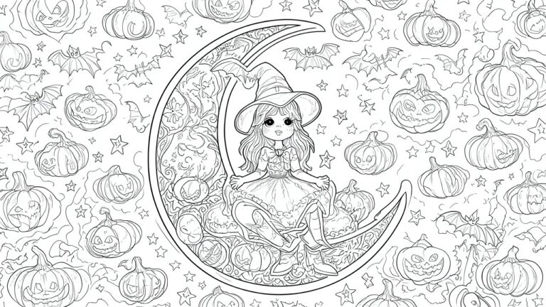 22 Fantasy Halloween Coloring Pages Inspired by Witches, Monsters, and Mystical Creatures Witch girl in frilly dress on crescent moon amid pumpkins, bats, and stars.