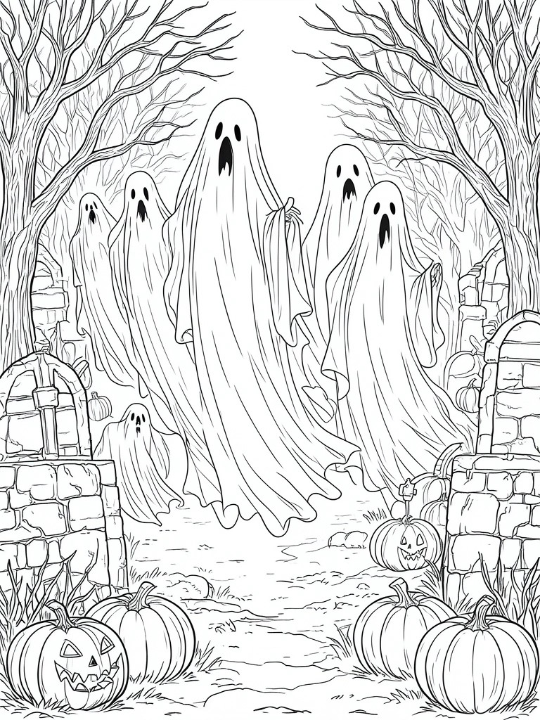 Ghosts in flowing sheets float among jack-o'-lanterns and stone ruins in a forest.