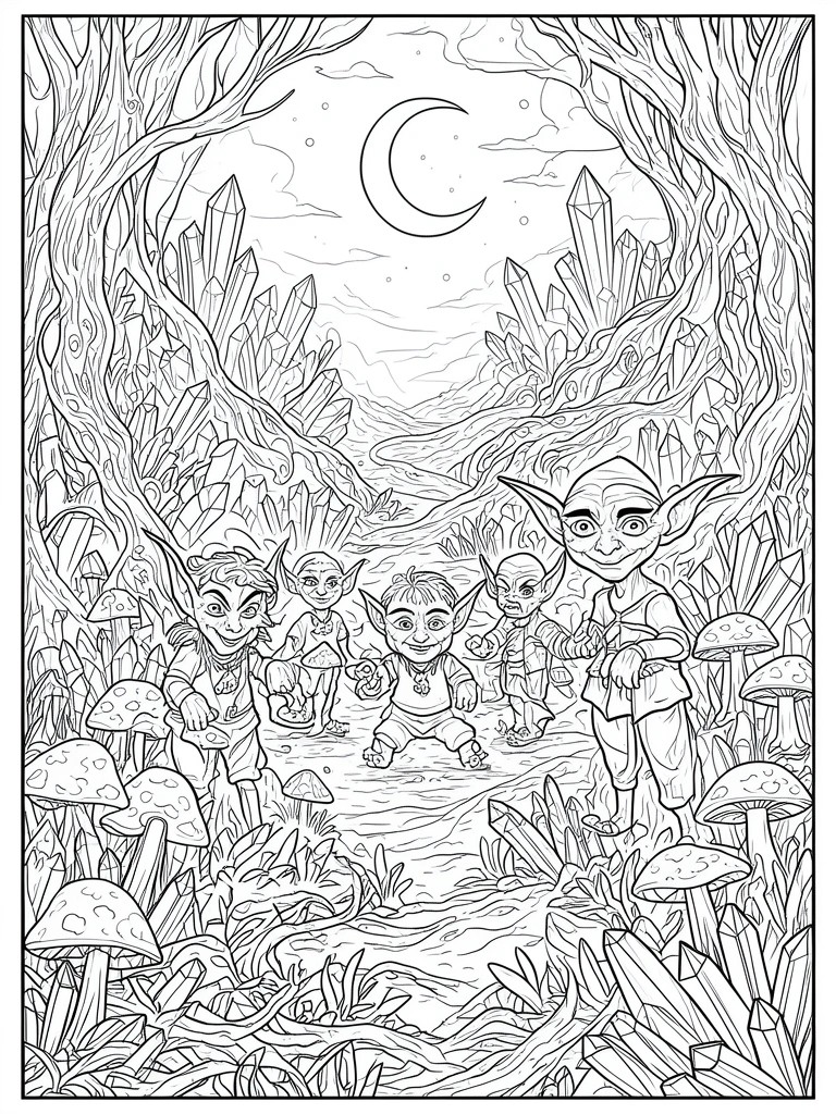Line art of five elves walking through crystal-filled forest with mushrooms under crescent moon.