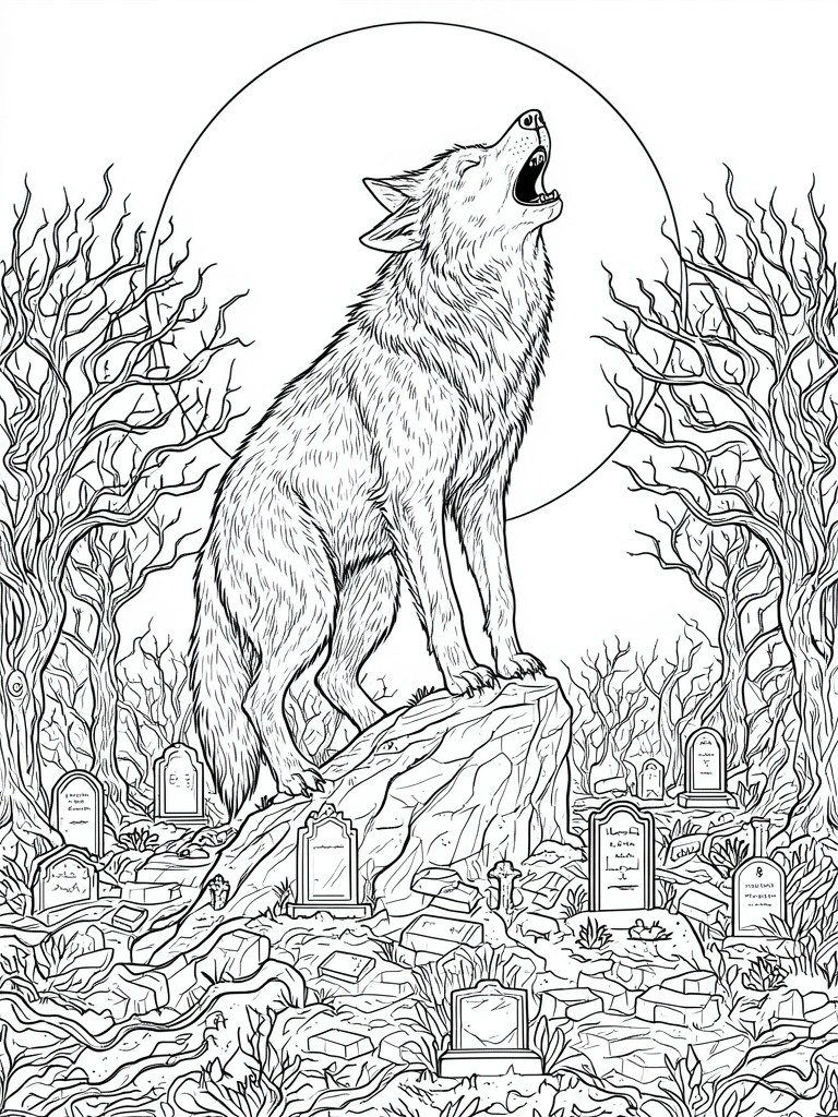 Line art of howling wolf on rock in graveyard under full moon with bare trees