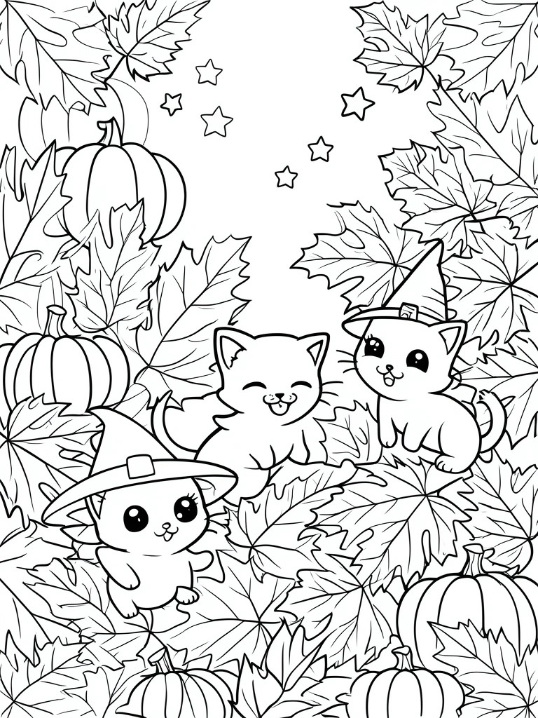 A black and white line drawing shows three cartoon cats in witch hats among pumpkins, autumn leaves, and stars.
